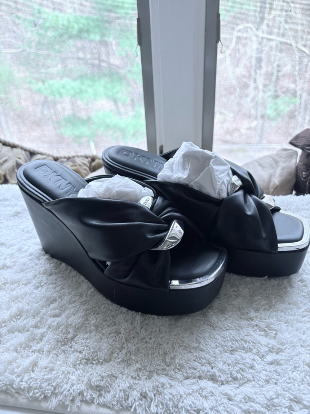 DKNY Black Wedge Slides with Silver Accent Knot